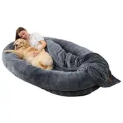 Fin Oversized Human-Sized Dog Bed Softest Faux Fur Orthopedic Pet Bed With Blanket