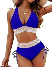 [DSAoTeng] High Waisted Bikini Sets for Women - V Neck Color Block Two Piece Swimsuit, Ruched Drawstring Tummy Control Shorts Cross Bathing Suit, Push Up Bikini for Beach Vacation