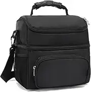 FlowFly Double Layer Cooler Insulated Lunch Bag Adult Lunch Box Large Tote Bag for Men, Women, with Adjustable Strap,Front Pocket and Dual Large Mesh Side Pockets,Black