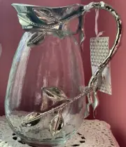 Handcrafted Glass Pitcher with Decorative Leaf Design Peweter Handle
