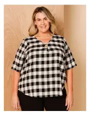 [Regatta] Short Sleeve V-neck Top With Button Neck in Black/Neutral Gingham