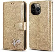 Case for iPhone 14 Pro, Glitter PU Leather TPU Bumper Card Holder [Wrist Strap]
