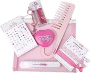 Petite N Pretty All-in-One Makeup Set for Kids, Tweens and Teens - Pink Mesh Bag with Lip Gloss Keyring, Hair Ties, Nail Decals, Headband, Heart Mirror, Nail File, Comb -