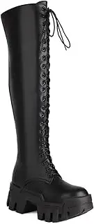[LeaHy] Womens Over The Knee Boots Autumn Winter Platform Wedge Lace Up Long Boots Goth Punk Biker Military Thigh HIGH Boots