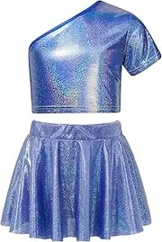 [Jhaoyu] Kids Girls Tumbling Sparkle Dance Outfit 2 Piece Activewear Crop Top With Mini Skirt Set Hip Hop Costume