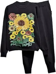[UIOKLMJH] Autumn Knit Sweater Women Set Black Fashion Embroidery Pullover Tops+Casual Pants Ladies 2 Piece Outfit