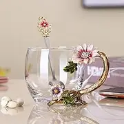 Enamels Sunflower Lead-Free Glass Coffee Mugs Tea Cup with Steel Spoon, Flower Tea Cup for Her, Mum Teacher Friend Handmade Glass Coffee Mugs (Short)