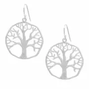 Sterling Silver Earrings Satin Finish Large Round Tree Of Life Dangle - Silverly