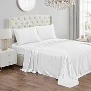 Juicy Couture Queen Size Satin Bed Sheet Set, Silky Satin Queen Sheet Set with 1 Fitted Sheet, 1 Flat Sheet, and 2 Pillow Case, Wrinkle Resistant and Anti Pilling Satin Bed Sheets - Pure White