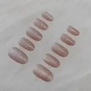 Glossy Cat Eye Short Round Press-On Nails for Daily Wear, Matte (Brown Velvet, 24 pcs)