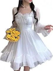 [Generic] White Kawaii Dress Women Chiffon Lolita Long Sleeve Mini Dresses Bow Fairy Robe Ruffles