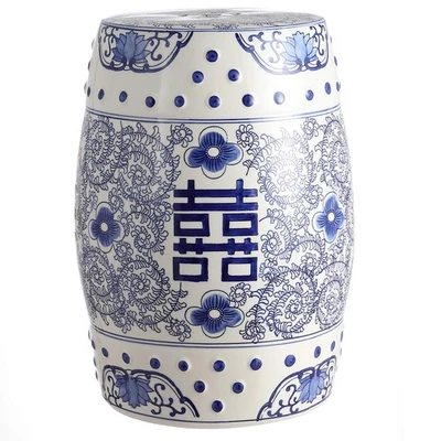 Blue White Chinoiserie Garden Stool Indoor Outdoor Accent Table 18 Inch