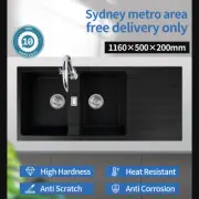 1160x500mm Black Granite Quartz Stone Double Bowls Drainboard Kitchen Sink Waste