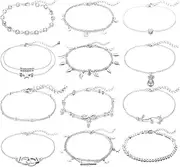 [FUNEIA] 12Pcs Anklets for Women Silver Gold Ankle Bracelets Set Boho Layered Beach Adjustable Chain Anklet Foot Jewelry