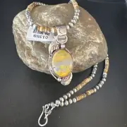 Yellow BumbleBee Jasper Pendant Navajo Pearls Sterling Silver Necklace 01359