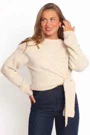 [PUP44] Ettie Wrap Side Tie Knit Sweater - Oatmeal S/M Beige