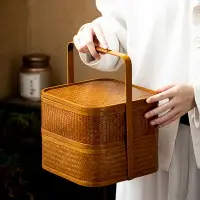 在飛比找樂天市場購物網優惠-復古竹編食盒多層提籃茶具收納盒手提仿古禮品分食盒帶蓋提盒家用
