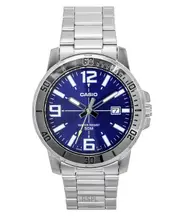 Casio Enticer Quartz MTP-VD01D-2BV Mens Watch Analog Stainless Steel Blue Dial Date Display Rotating Bezel 50M