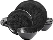 Gibson Home Yoko Round Melamine Plastic Dinnerware Set, Service for Four (12pcs), Matte Black