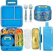 JXXM Bento Lunch Box for Kids with 8oz Soup Thermos,Leakproof Compartment Containers with 3 Box,Thermos Food Jar and Bag,BPA Free,Travel,SchoolExtreme Locomotive,A-Blue(Extreme Locomotive)