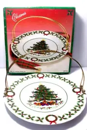Vintage Porcelain Christmas 10" Tid-Bit Plate w Handle - Artmark- Japan-Org Box
