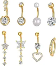 [Spiritlele] 8Pcs Belly Button Rings Stainless Steel 14G Dangle Clicker Belly Rings for Women CZ Navel Rings Belly Piercing Jewelry with Butterfly Flower Heart