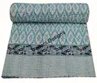 Indian Queen Handmade Kantha Quilt Block Print Bedspread Ethnic Vintage Art Thro