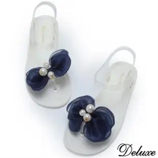 【Deluxe】青春氣質網紗珍珠花夾腳涼鞋(黑★藍)-005-8