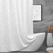 White Boho Fabric Shower Curtain 72 x 72 Inches, Modern Shabby Chic Textured Tufted Chevron Striped Minimalist Cloth Bathroom Shower Curtain