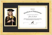 Golden State Art 8x10 Diploma Frame and 4x6 Picture, Solid Wood Certificate Frame with Real Glass Front, Display Diploma 8x10 with Black over Gold Double Mat or 11x17 Document Without Mat (1 Pack)