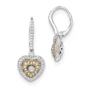 14k Yellow Gold Two-Tone Real Diamond Heart Leverback Dangle Earrings
