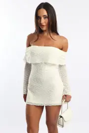 White Off Shoulder Dress Long Sleeve - Size 16XL, Women's Skater Dress