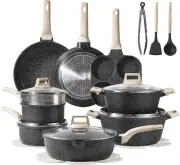 21Pcs Pots and Pans Set Nonstick, Cookware Set Black Granite Induction Kitchen C