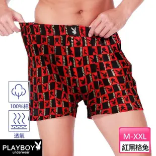 【PLAYBOY】專櫃款100%精梳棉針織開襟四角褲-速(單件-卡其黑格兔/紅黑格兔)