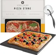 Heritage Square Pizza Stone - Pizza & Bread Baking Stones For Gas Grill, Oven Baking - Black Ceramic Pan, Stainless, No-Smoke - Wheel Pizza Cutter - Housewarming Gifts