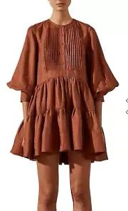 New Shona Joy Size AU 8 / US 4 Elsa Linen Mini Tuxedo dress in Gingerbread