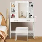 White Makeup Vanity Desk with Lights Mirror & Stool – Compact with USB & Storage
