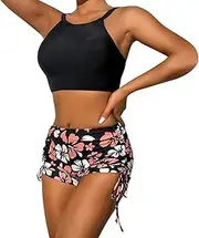[Generic] Bathing Suit Set with Shorts Women Floral Print Bikinis Swimsuit Sexy Push Up Bikini Set Two Pieces Beach Bathing Suit Swimwear Swimsuit Shorts Set