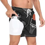 [GuoChe] Mens Short Swim Trunks Men's 2 Layer Workout Running Shorts Basketball Player Sports Black Phone Pocket Volleyball