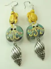 Lampwork Octopus Earrings with Shells & Howlite Turtles Handcrafted Jewelry