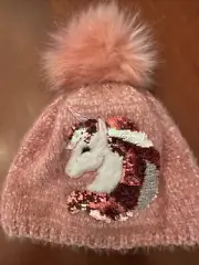 The Childrens Place Pink PomPom Unicorn Hat Sequins Fleece Lined Ages 4-7 NWT