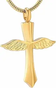 BIAIHQIE Angel Wings Cross Cremation Jewelry for Ashes Pendant Stainless Steel Memorial Urn Necklace Keepsake Pendant Ashes Locket-Gold