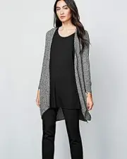 $268 Eileen Fisher Black Gray Rayon Knit Angled Open Front Long Cardigan XS