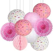 Donut Paper Lanterns Decorative, 9PCS Pink Party Decorations Paper Fans Honeycomb Ball Ice Cream Decor Birthday Supplies Hanging Lanterns Lamps for Kids Baby Shower