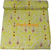 Beautiful Indian Handmade Cotton Kantha Quilt, Ikat Flower Pattern with Colorfull Accents, Traditional Indian Blanket Size (Single 60" x 90")