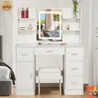 LED Lighted Dressing Table and Stool Set with Dimmable Mirror Vanity Desk White