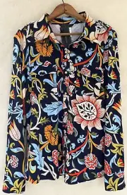 NWT BCBG MAXAZRIA Sz LARGE FLORAL WOODBLOCK PRINT LONG SLEEVE SNAP FRONT SHIRT