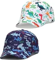 [NautySaurs] 2 Pack Boys Baseball Cap Kids Adjustable Strap Dinosaur Shark Car Cap Sun Hat Summer Accessories