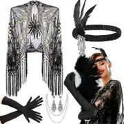 Morakot 5 Pcs 1920s Accessories Set Flapper Feather Headband Pearl Necklace Earrings Gloves Fringed Evening Cape Scarf for Women black Vintage Style