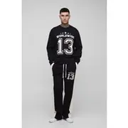 Mens Black Tall Varsity Sar Print jumper & Relaxed Split Hem Jogger Tracksuit